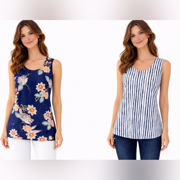 Chico's Tops - Chico's Reversible Sleeveless Tank – Navy Floral & Nautical Stripe Size L